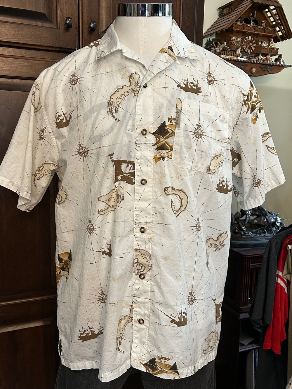 Columbia Sz XL Short-Sleeve Nautical Print Button Down Shirt in Cream and Brown